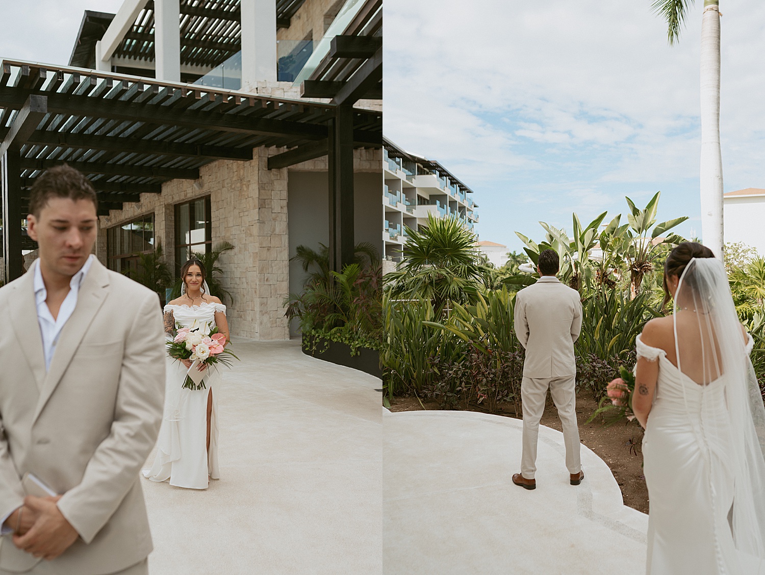 groom waits with his back to bride for first look by Travel Elopement Photographer