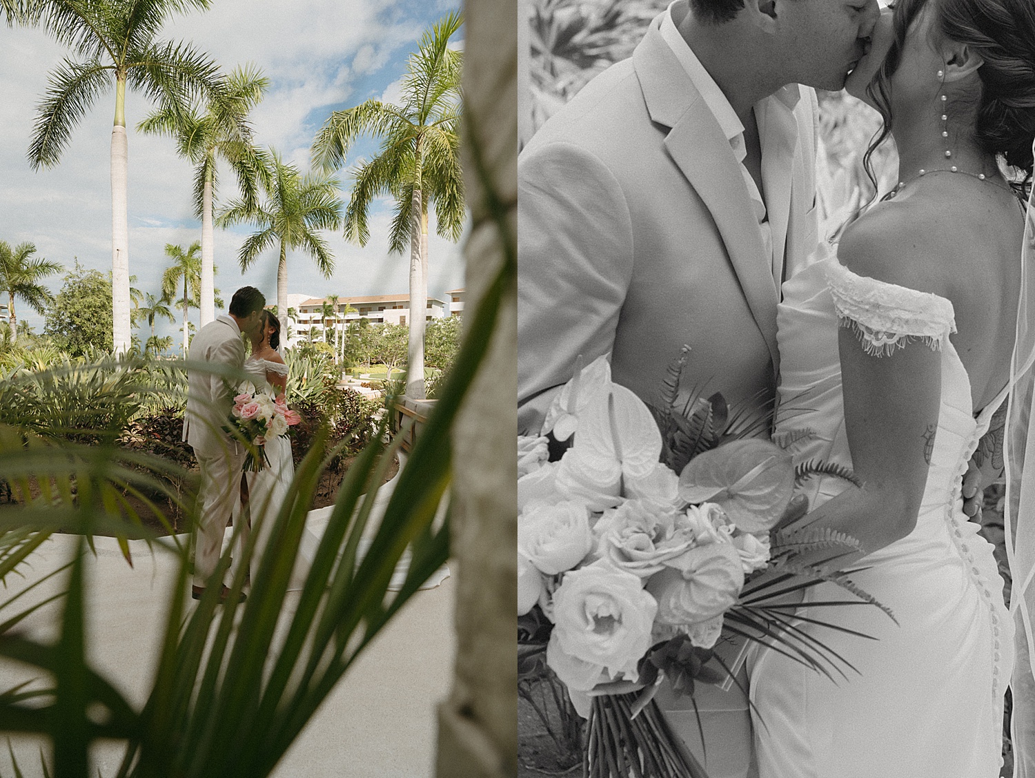 newlyweds kiss on plaza in front of Dreams Playa Mujeres