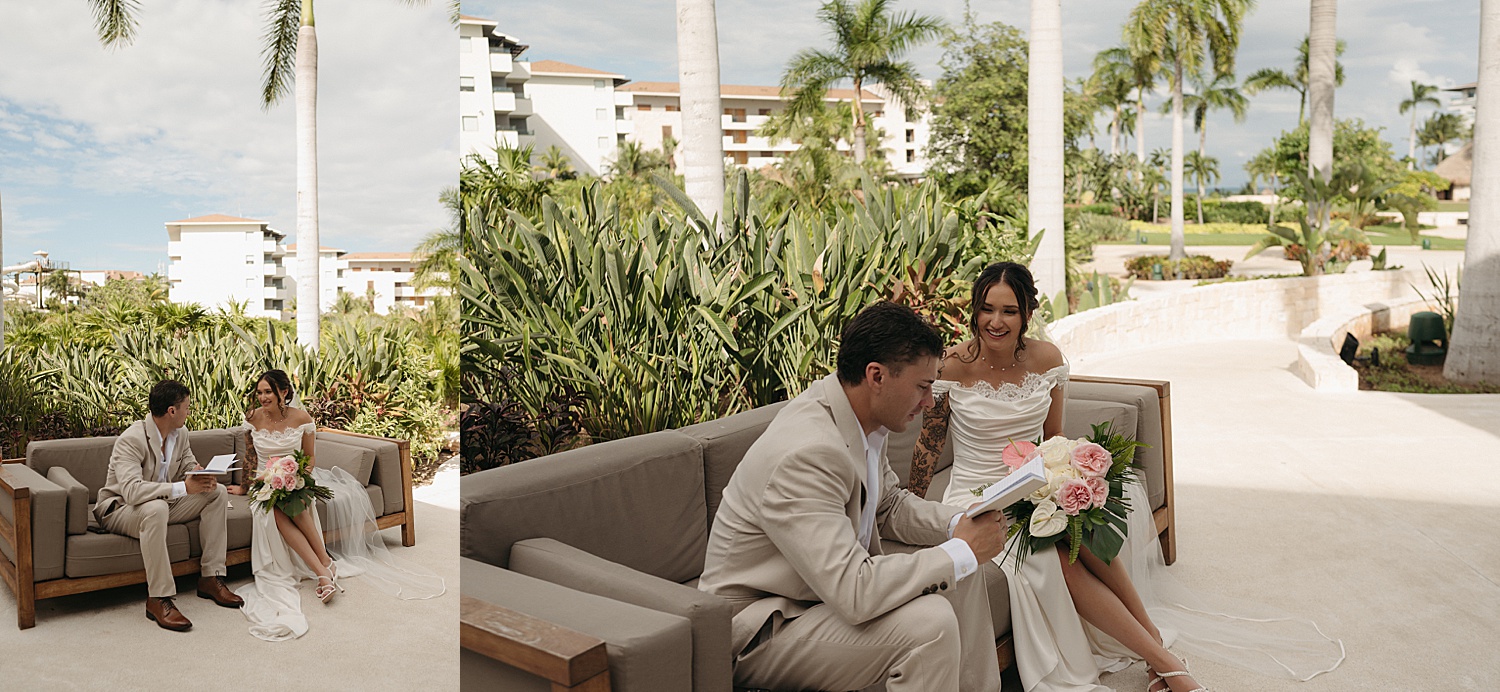 newlyweds sit on couch under palm trees at resort by Travel Elopement Photographer