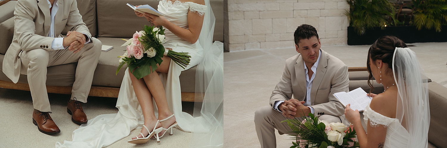 newlyweds share private vows on bench at resort by Thistle and Veil Photo