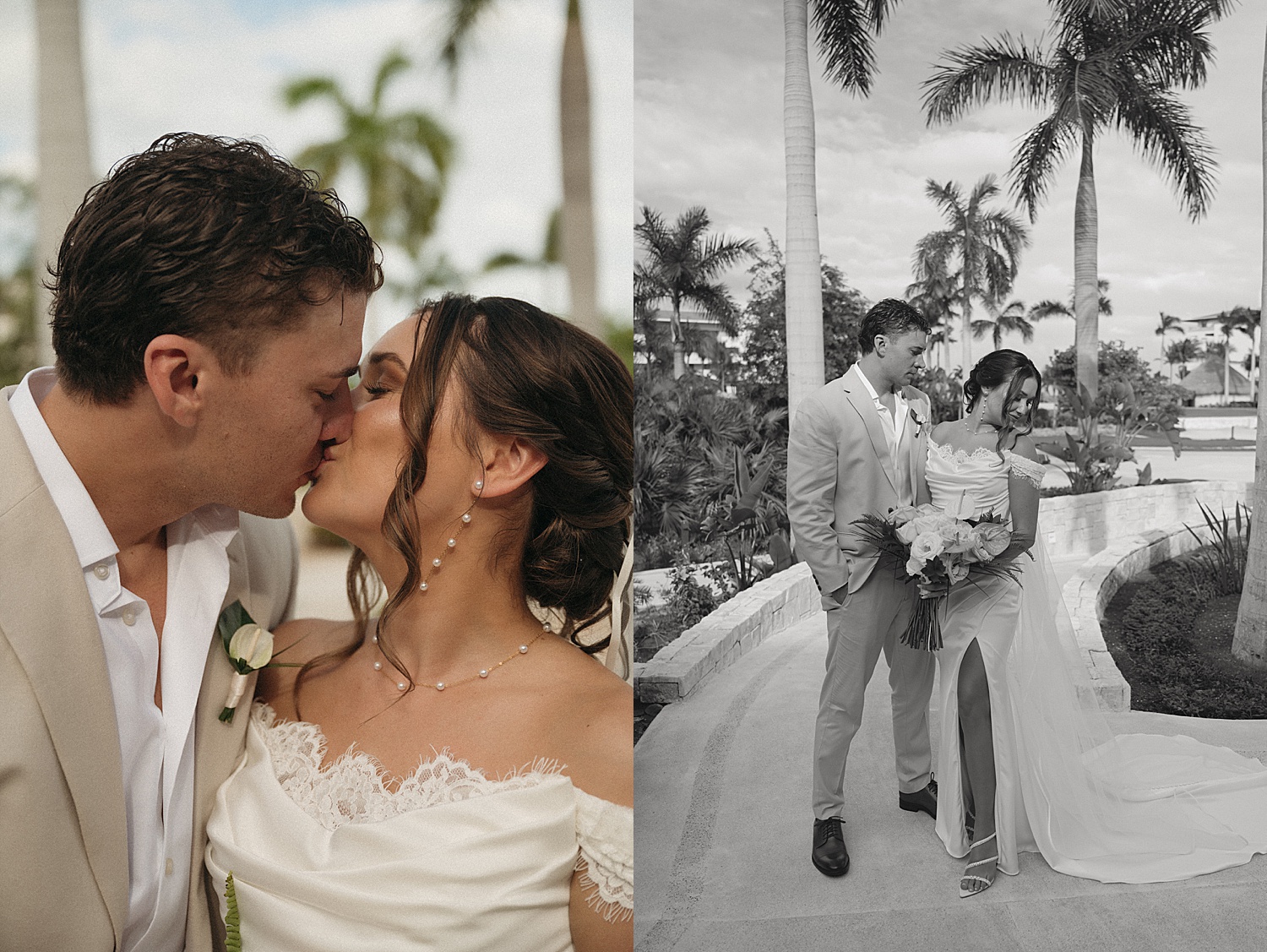 newlyweds share a kiss outside under blue skies by Thistle and Veil Photo