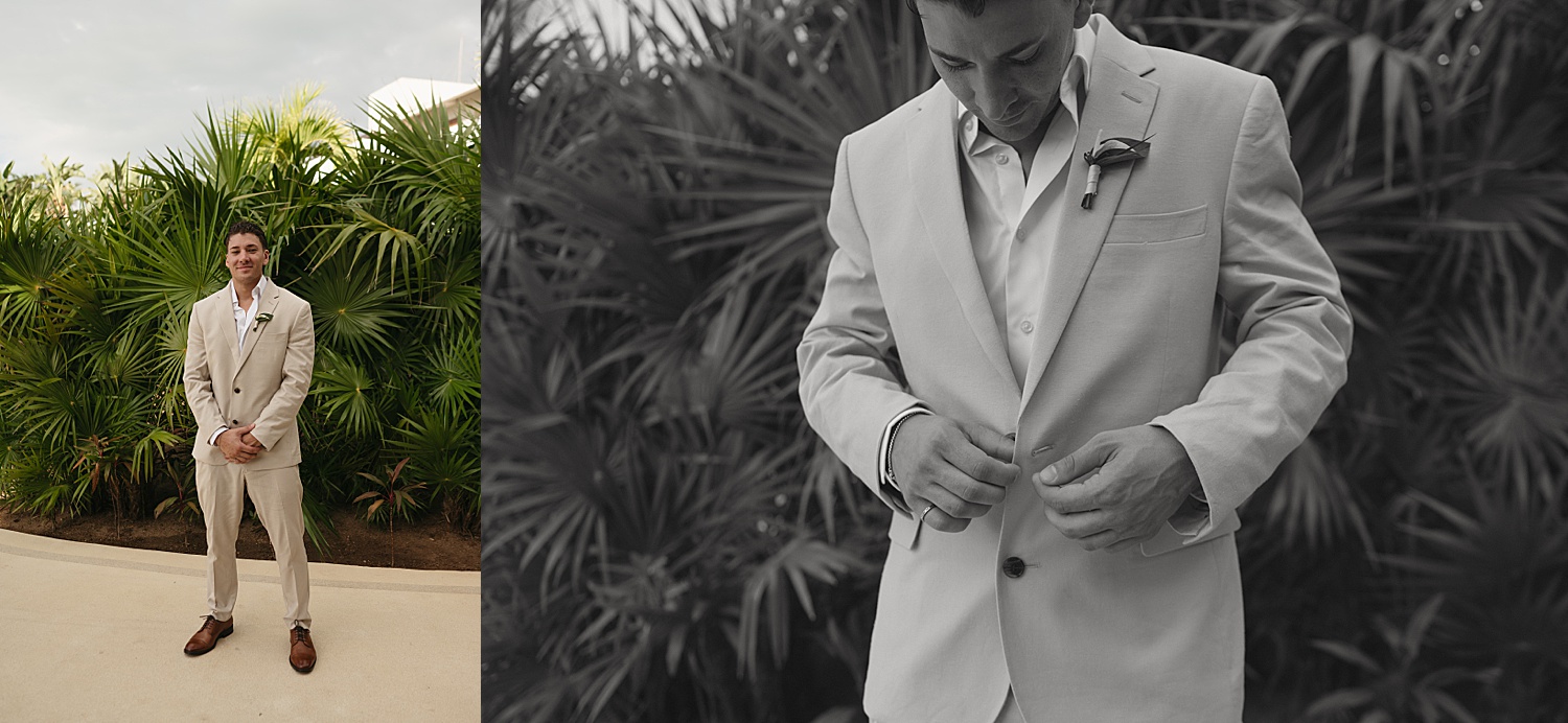 groom adjusts suit under palm trees at Dreams Playa Mujeres