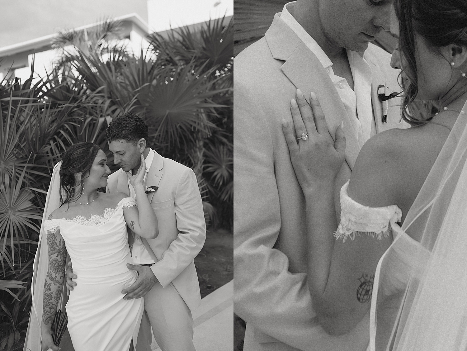 newlyweds stand outside on plaza at resort by Thistle and Veil Photo