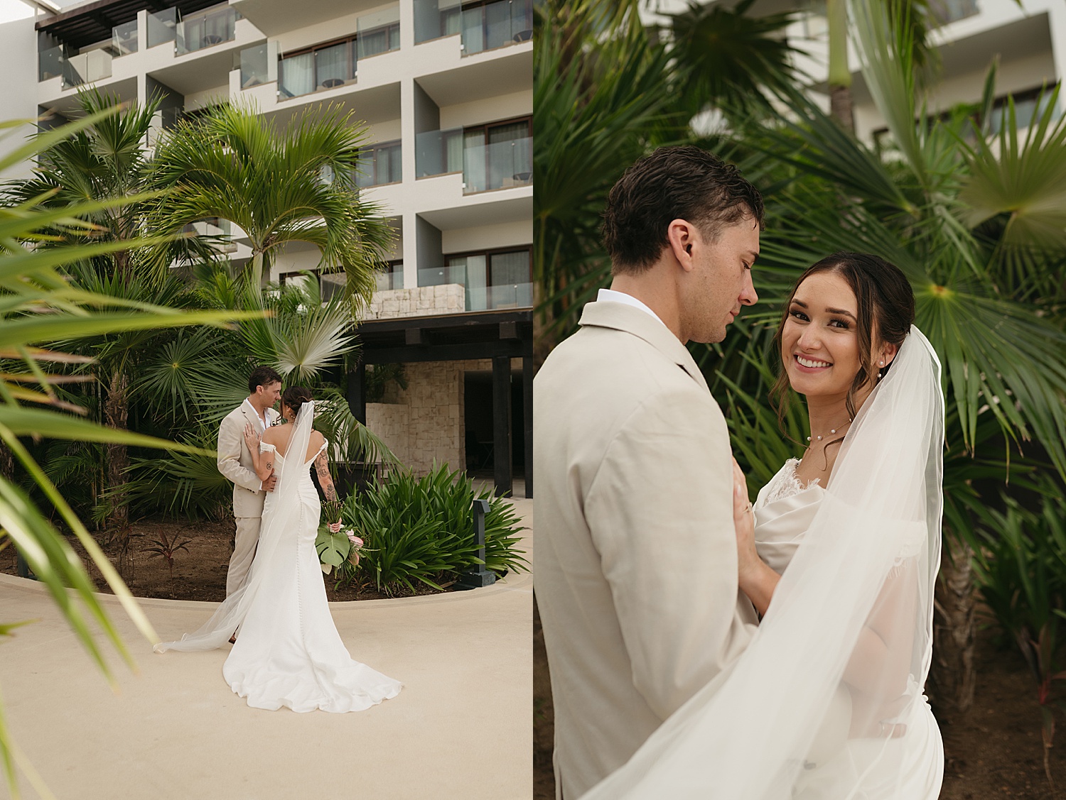 bride approaches man for first look at Dreams Playa Mujeres