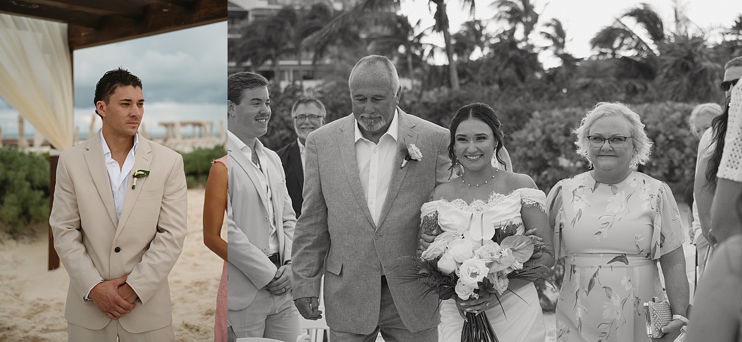bride walks down beach aisle for ceremony at Dreams Playa Mujeres 