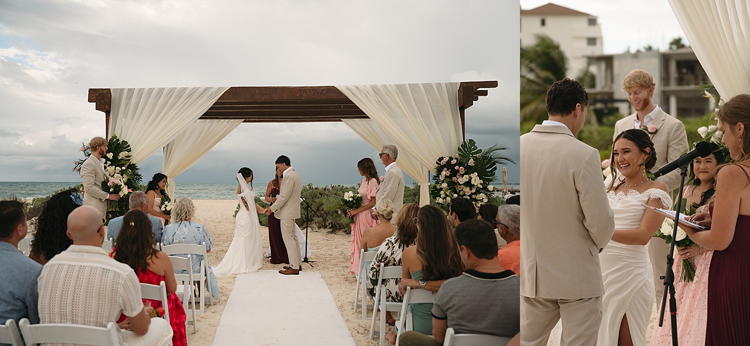 husband and wife stand under arch for ceremony by Thistle and Veil Photo