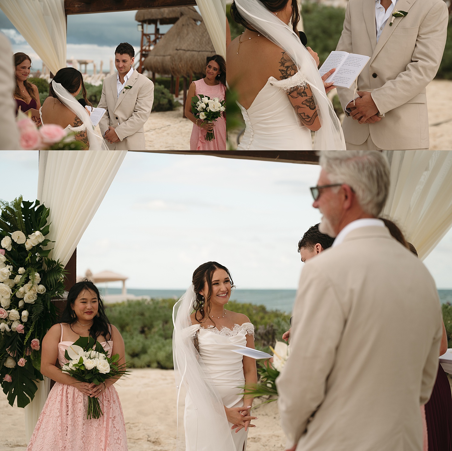 bride and groom exchange vows during beach ceremony at Dreams Playa Mujeres 