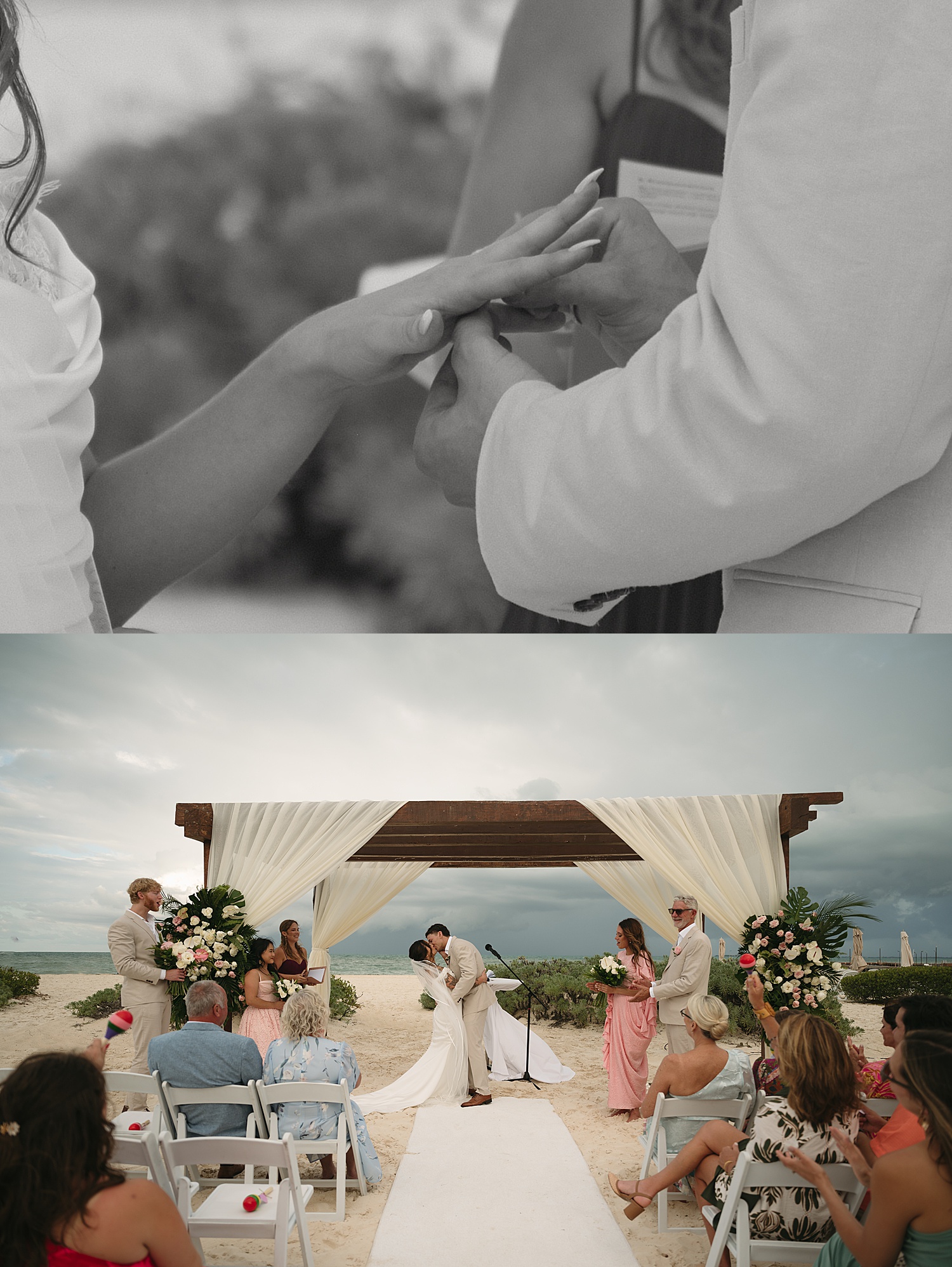 man slips ring on woman's finger during beach ceremony by Travel Elopement Photographer