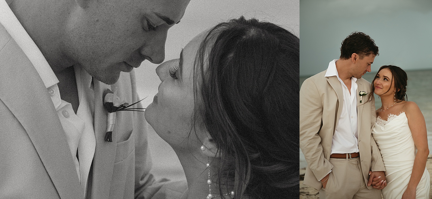 newlyweds lean in for a kiss under stormy skies by Thistle and Veil Photo
