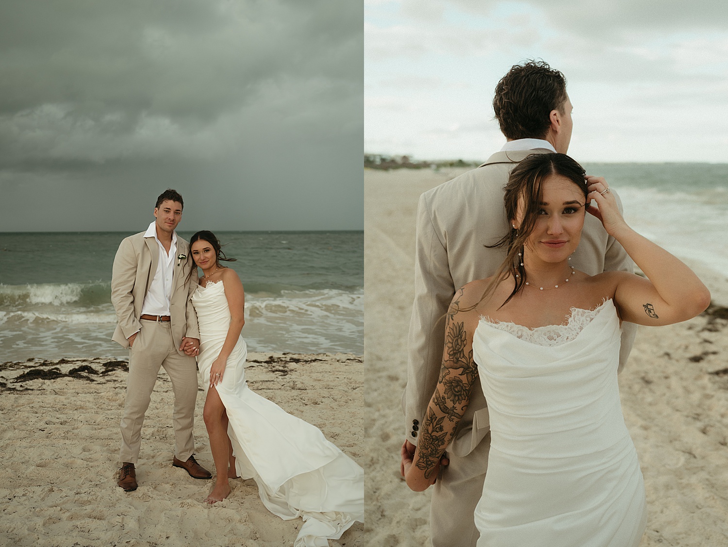 husband and wife stand on sand with storm brewing behind them at Dreams Playa Mujeres 