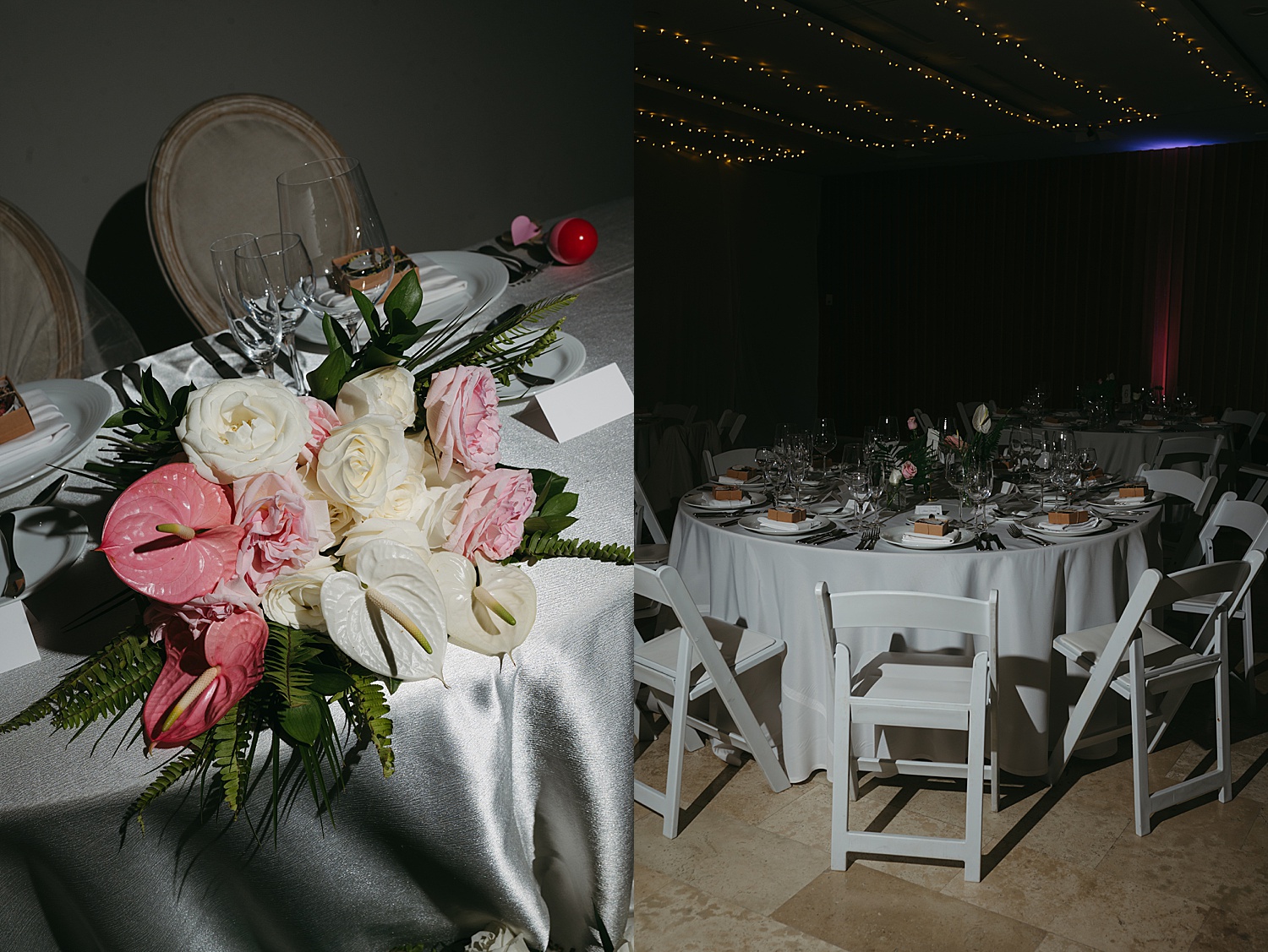 tables set up with satin and tropical flowers for wedding reception at Dreams Playa Mujeres 