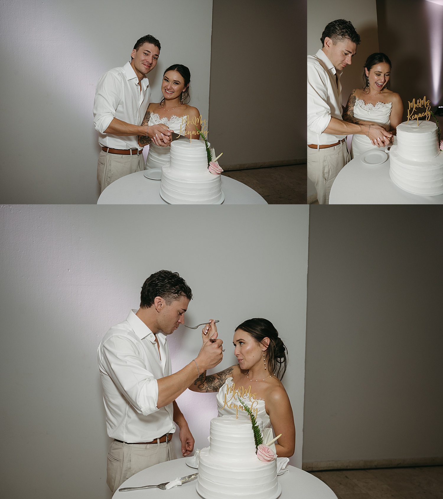 newlyweds cut and eat their white cake together by Travel Elopement Photographer