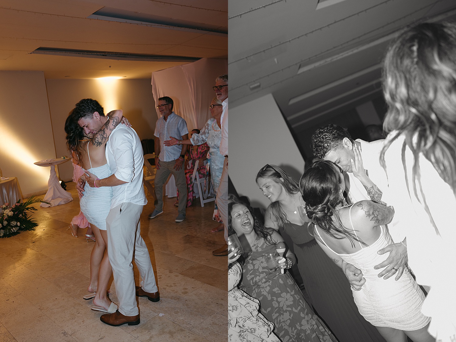 guests all party together during reception by Travel Elopement Photographer