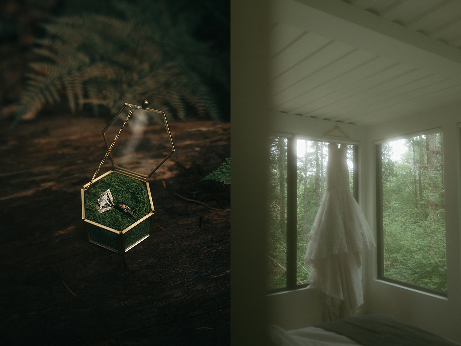 brides dress hanging from the window with rings nearby by Thistle and Veil Photography