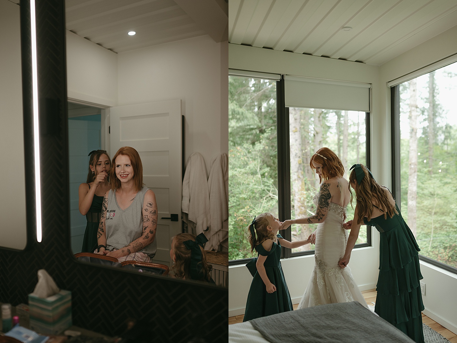 redhead bride gets ready with her daughter for vow renewal