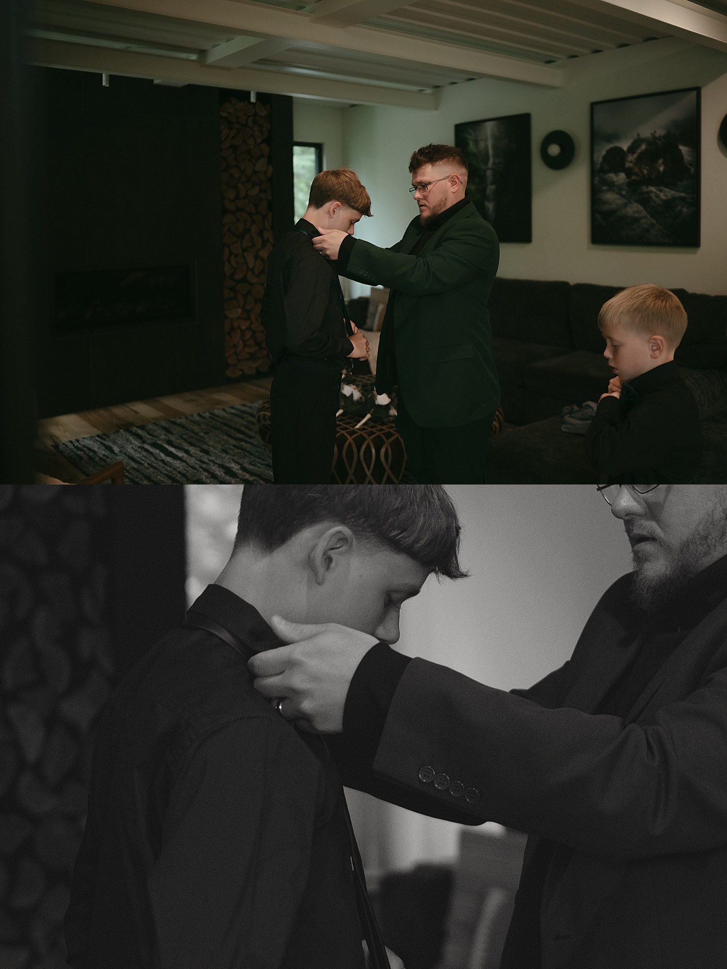 dad helping son adjust his suit before ceremony by travel elopement photographer