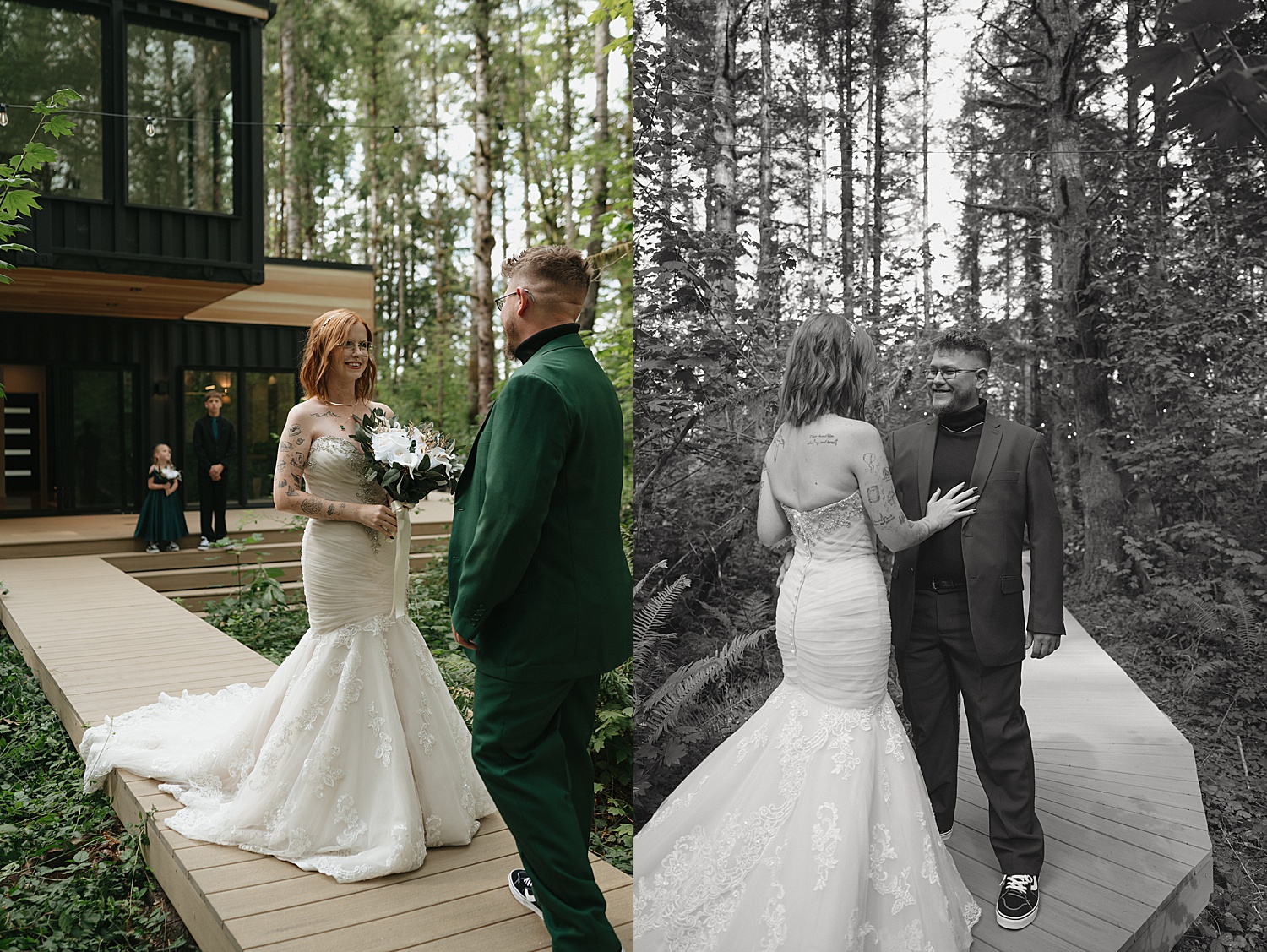 husband and wife in formal clothes under trees by travel elopement photographer