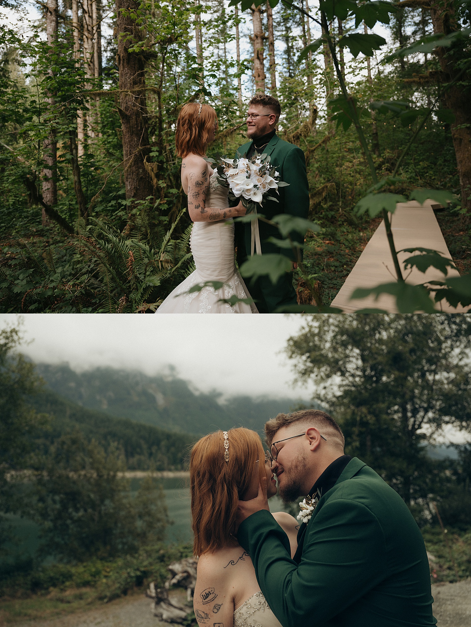 husband and wife lean in for a kiss in front of water by Thistle and Veil Photography