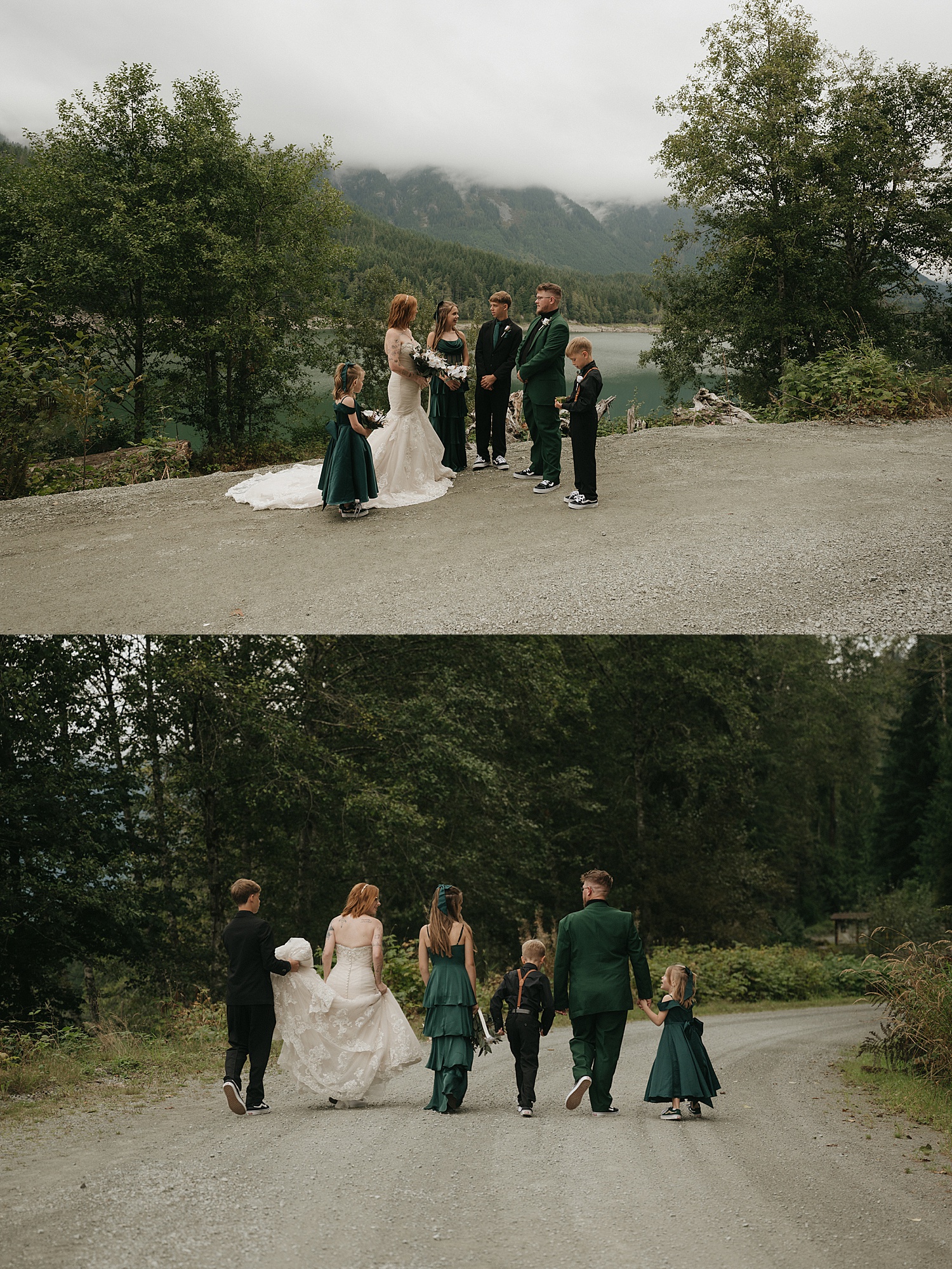 family of six walk hand in hand on path by travel elopement photographer