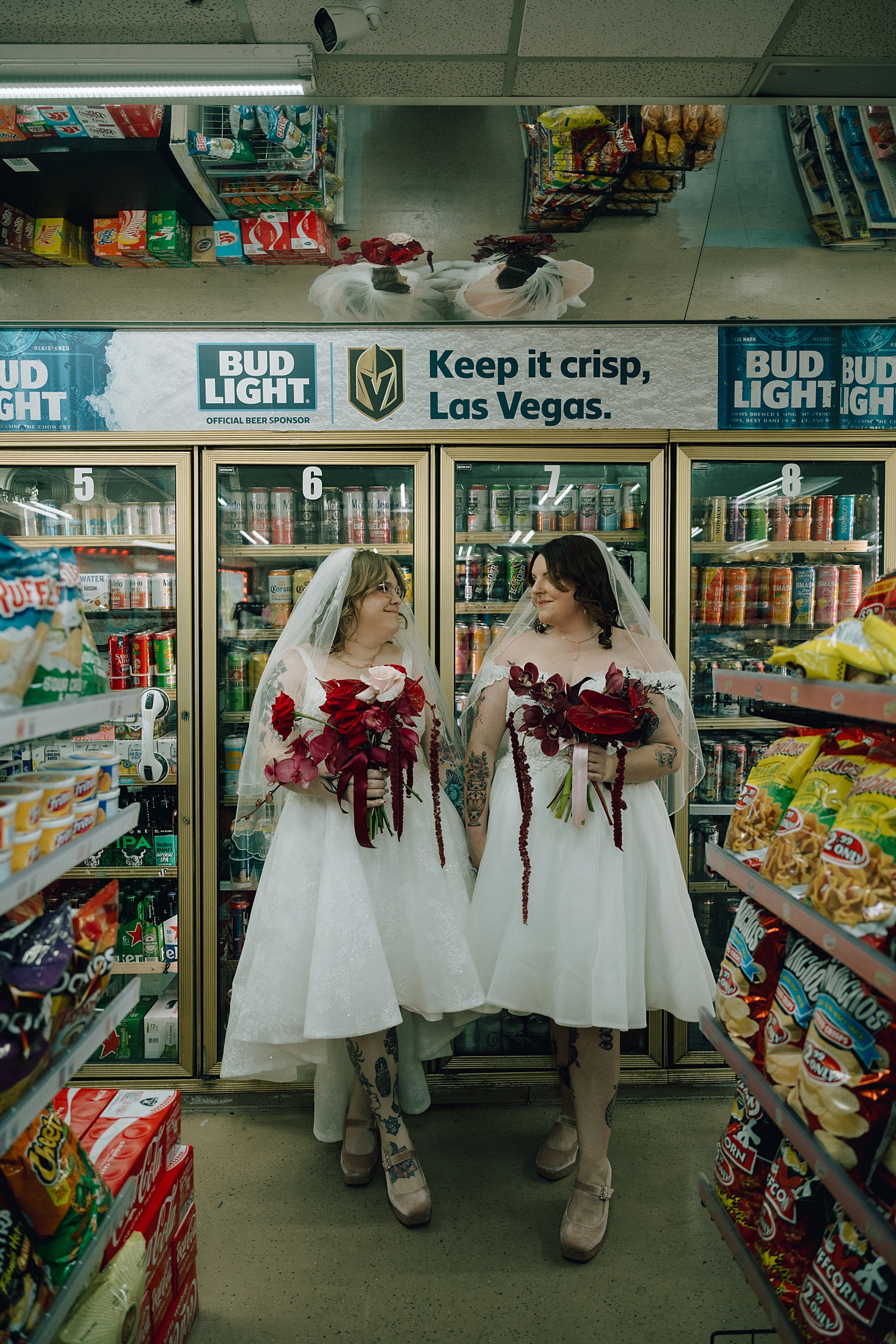 wives in wedding dresses in bodega before big day at Sure Thing Chapel