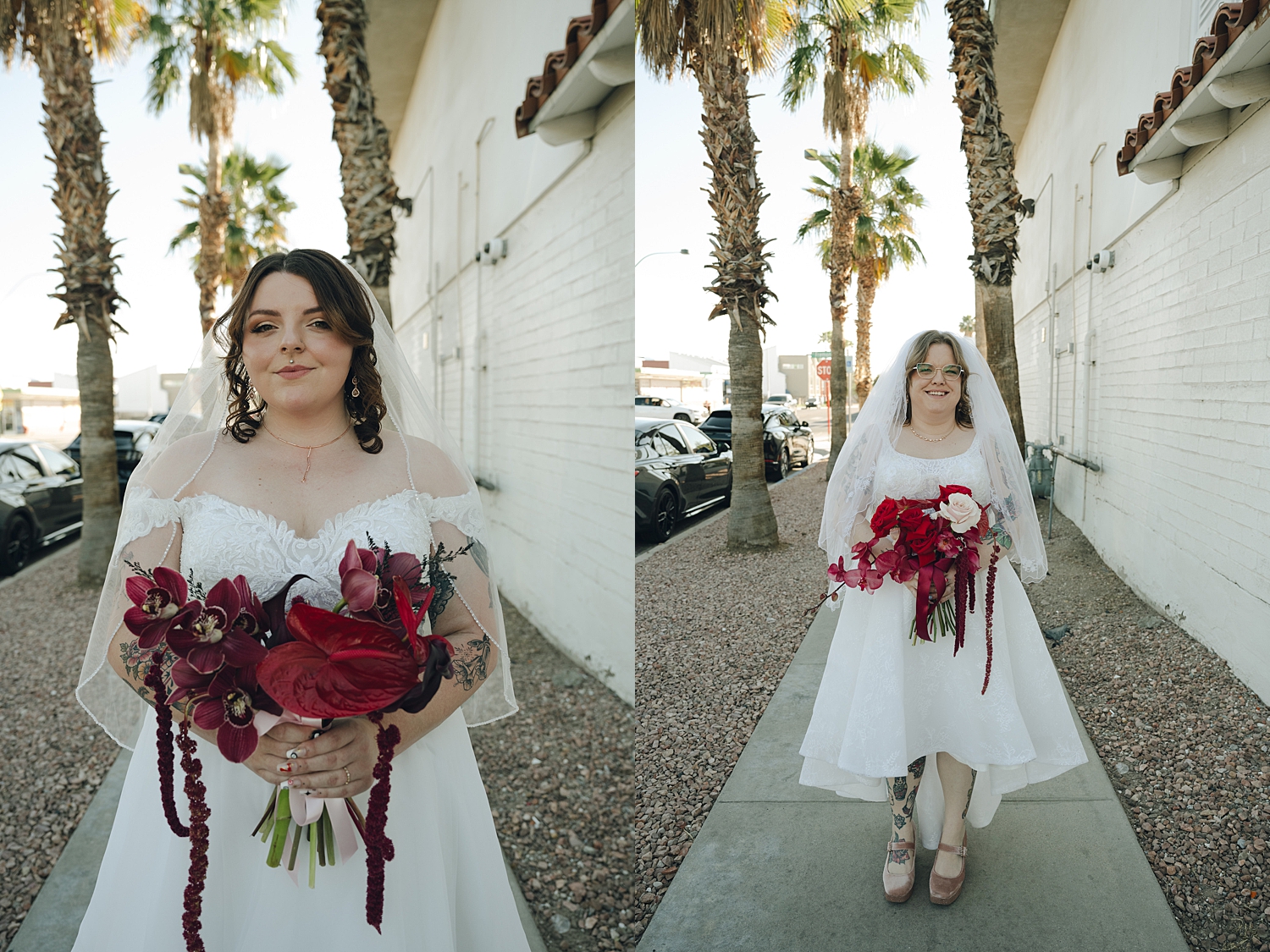 two women in wedding dresses with red florals on sidewalk by Thistle & Veil Photo