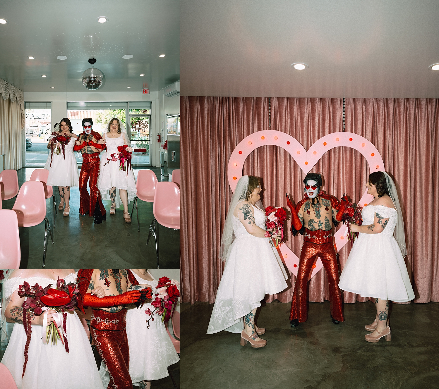 brides walk down aisle with Hellvis at Sure Thing Chapel