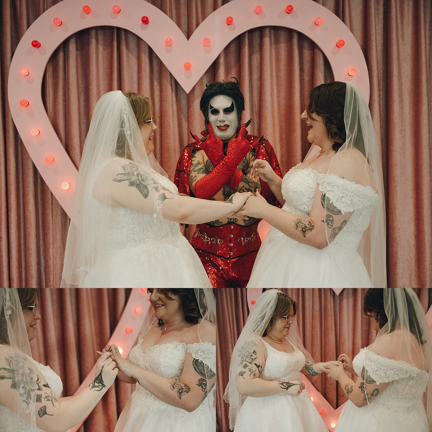 hellvis throws up "rock on" hands during ceremony at Sure Thing Chapel