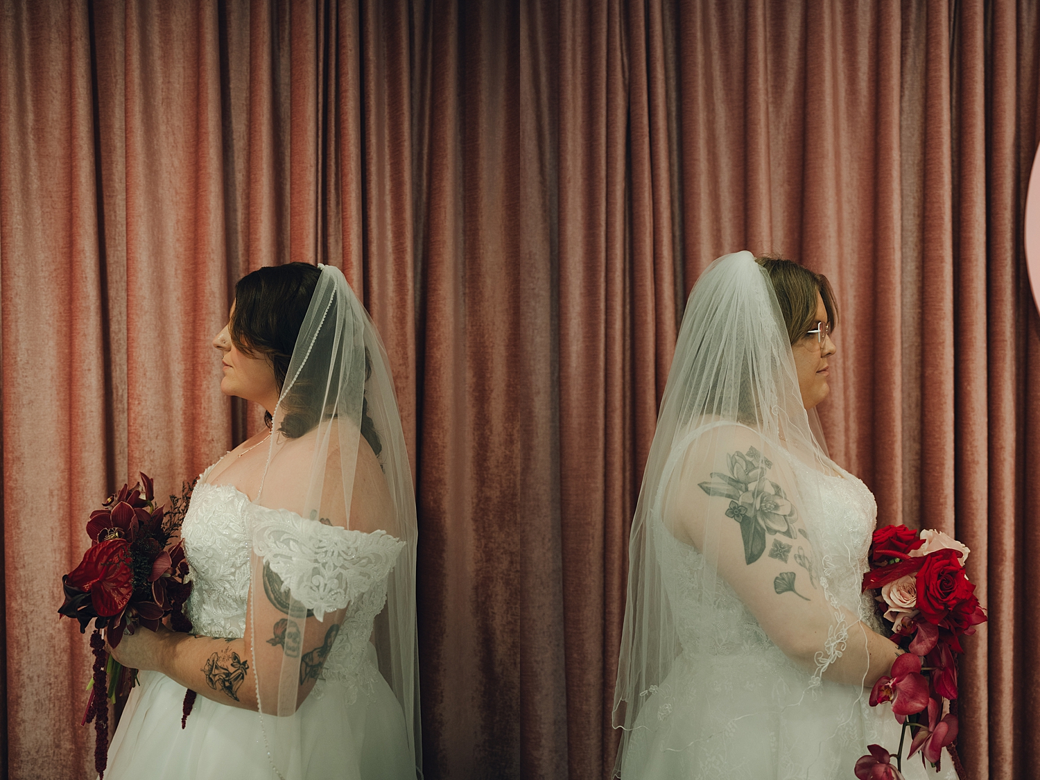 two women in bridal gowns in front of pink curtains by travel elopement photographer