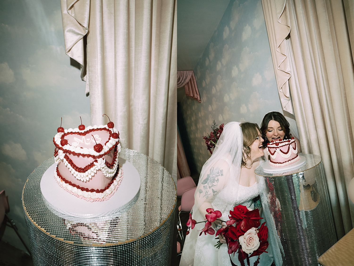 women bite into pink wedding cake by travel elopement photographer
