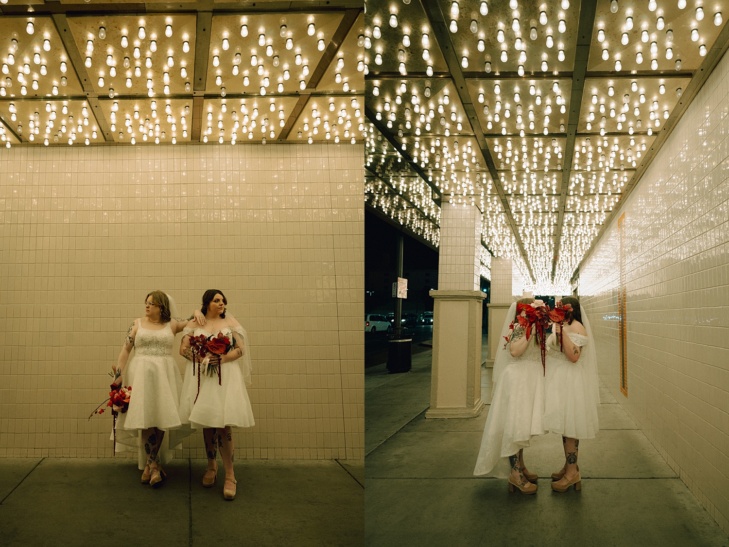 two newly married brides stand under lighted Fremont street by travel elopement photographer