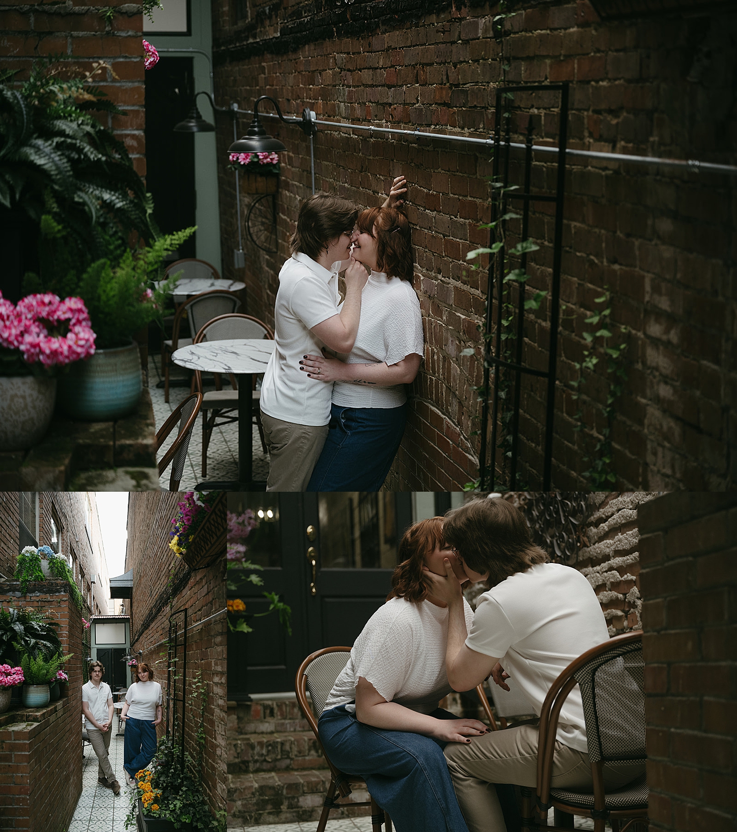 couple kisses in courtyard showing non-traditional engagement photos