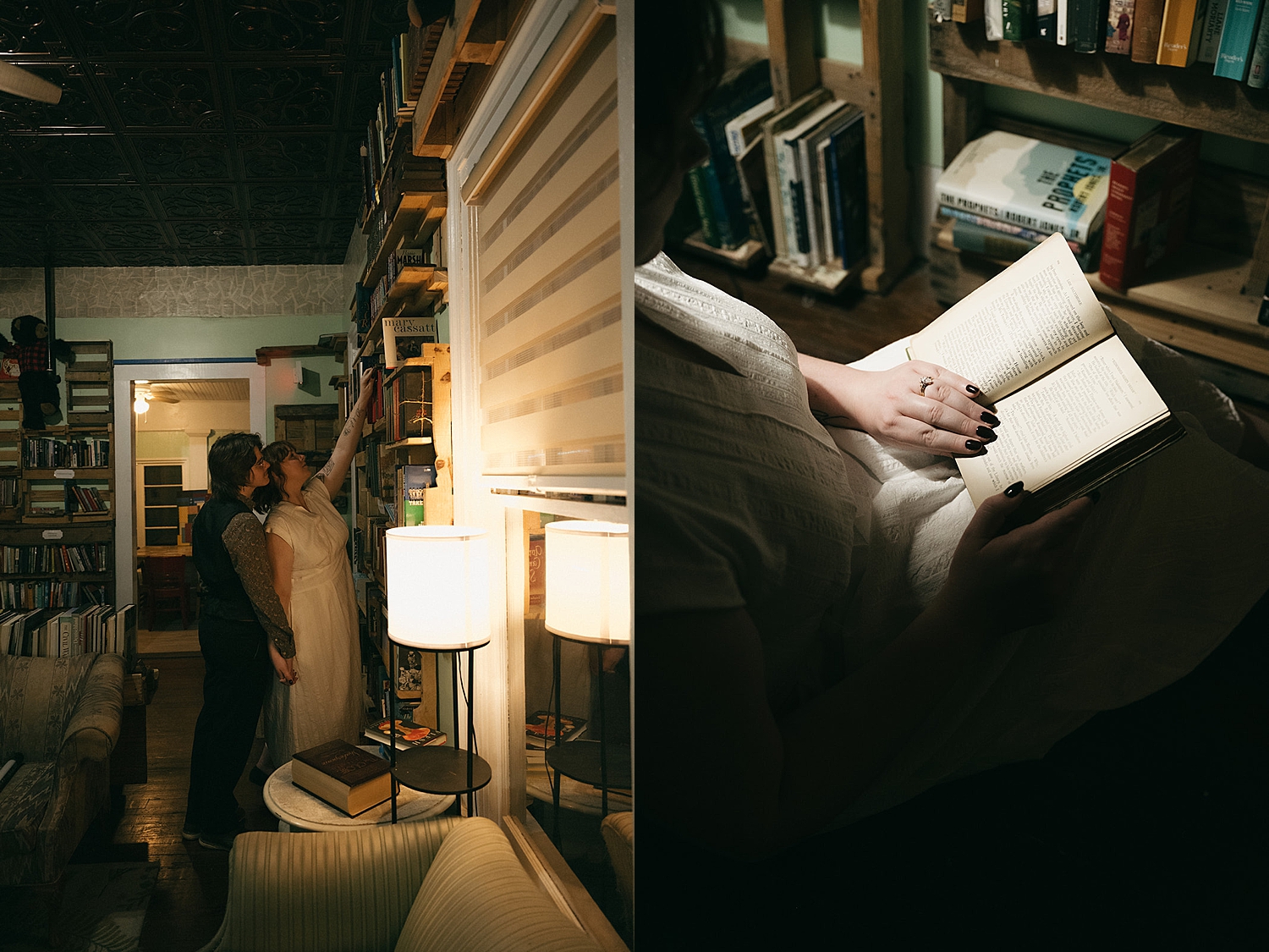 man and woman shop in bookstore together for non-traditional engagement photos