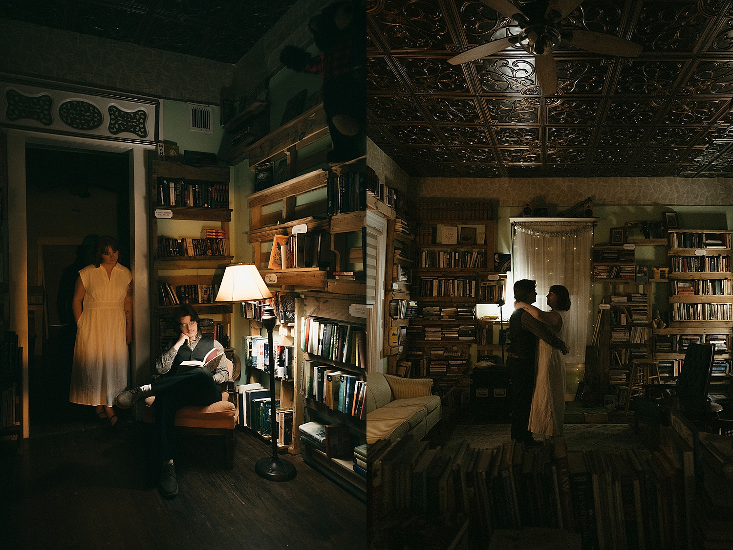 man and woman stand in bookstore for non-traditional engagement photos